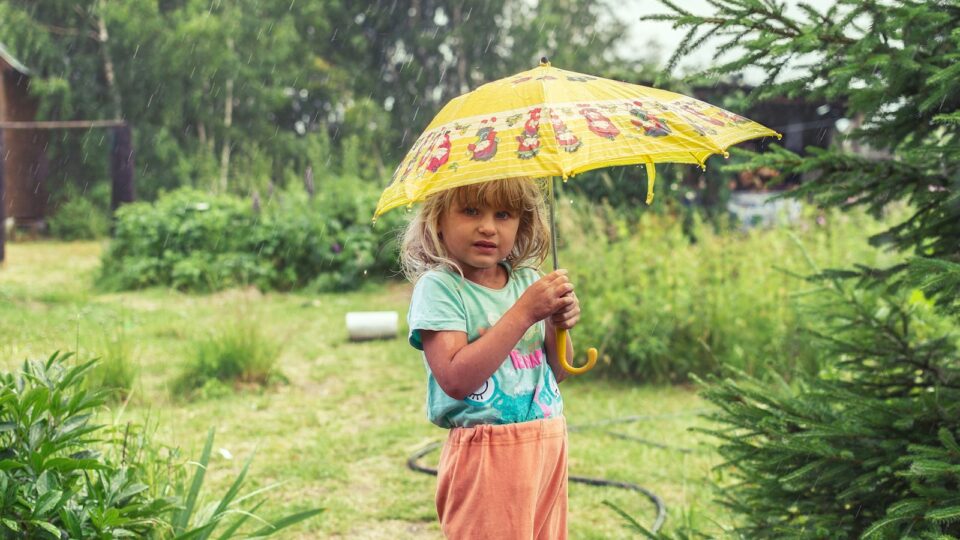 woman in blue and red dress holding umbrella